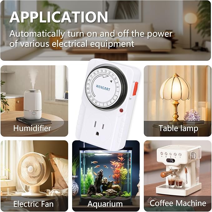 Wengart 24-Hour Mechanical Plug-in Timer, 15A 1HP Heavy Duty Indoor Outlet Timer for Lamps, Christmas Lights & Appliances, Programmable Switch with 15-Min Intervals, ETL Listed, White (1)