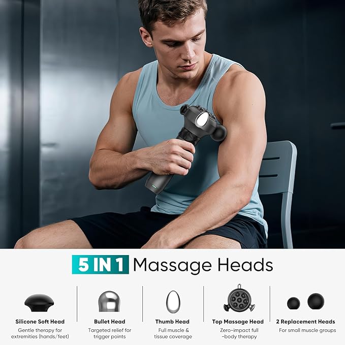 Massager Gun Deep Tissue, Cordless Vibrating Muscle Massage Gun - Handheld Quick Release Massager for Back, Neck and Fascial Binding - Targetred Trigger Point Therapy Massage Gun, Gray Max