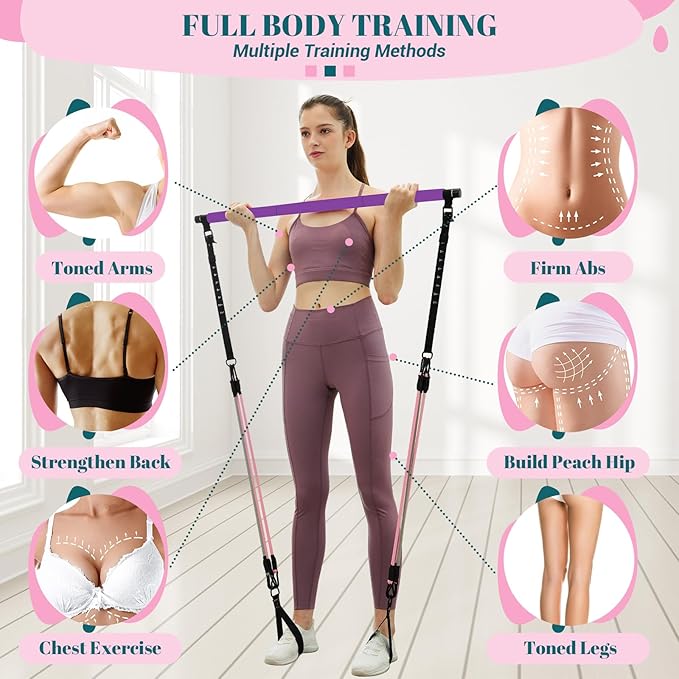 COFOF Pilates Bar Kit with Resistance Bands, Multifunctional Yoga Pilates Bar with Heavy-Duty Metal Adjustment Buckle, Portable Home Gym Pilates Resistance Bar Kit for Women Full Body Workouts