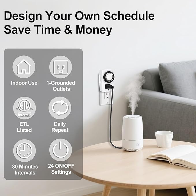 Baomain 2-Pack Indoor Mini 24-Hour Mechanical Outlet Timer, 15A 125VAC ON/Off Single Outlet,3-Prong Plug Timer BND-60/U47,ETL Listed