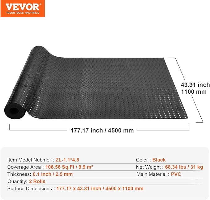 VEVOR Floor Mats, 2 Rolls x 14.7 x 3.6 Ft PVC Flooring Roll, Non-Slip Diamond Texture, 106.56 sq.ft Covering Space, Black Mats for Under Cars, Garage Industry Gym