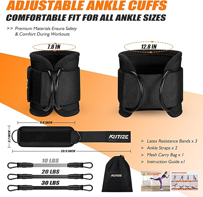KUTIZE Ankle Resistance Bands with Cuffs for Women & Men - 3-Level Adjustable Leg & Glute Workout Equipment, Portable Home Gym Exercise Bands for Kickbacks, Hip Thrusts, Yoga, Strength Training