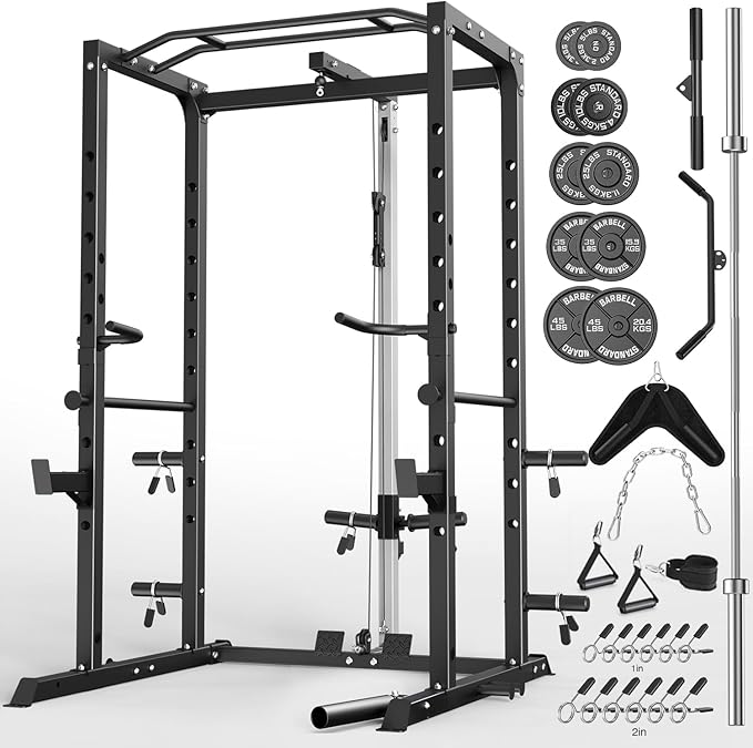ULTRA FUEGO Power Cage, Multi-Functional Power Rack with J-Hooks, Dip Handles, Landmine Attachment and Optional Cable Pulley System for Home Gym