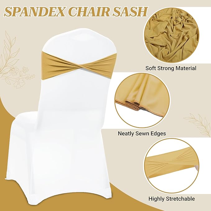 VDS Pack of 100 PCS | Gold | Spandex Chair Sashes Bows Without Buckle | Stretch Elastic Banquet Universal Folding Chair Band Tie with for Wedding Party Conference Celebration Event Decoration