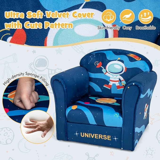 Costzon Kids Couch, Children's Sofa Armrest Chair with Pattern, Toddler Furniture w/Sturdy Wood Construction, Preschool, Lightweight Kids Couch Sofa Chair for Aged 1-5 Boys & Girls Gifts, Astronaut