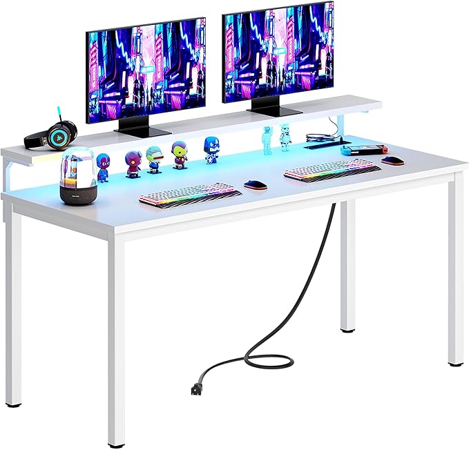 Need 60 inch Computer Desk with LED Lights & Power Outlets, Large Home Desk with Monitor Shelf, Writing Table Gaming Desk Home Office Desk, White