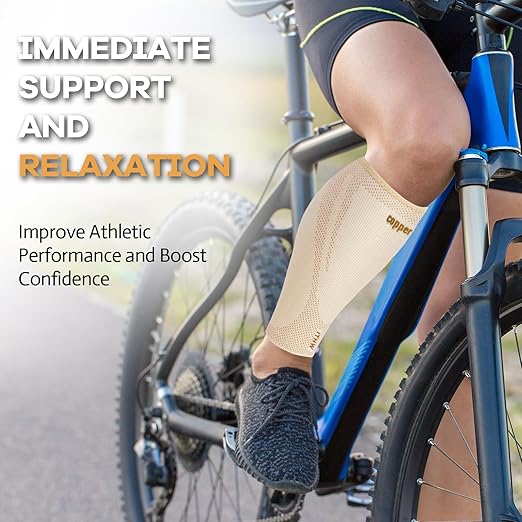 Copper Calf Compression Sleeves for Men & Women - High Stretch Graduated Compression with Anti-Slip Grip | Breathable & Smooth Lining Footless Design for Runners, Shin Splints, Leg Fatigue & Travel (Nude, X-Large)