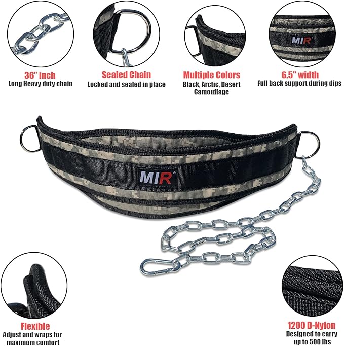 Mir Dip belt With 36" - 38" chain, 500lbs - 650lbs weight capacity, Weight lifting for dips and pullups