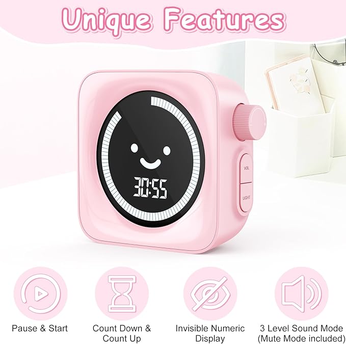 Visual Timer for Kids, 99 Minute Digital Cute Kids Visual Timer Classroom Timer for Homeschool Supplies Study Teaching Time Management Tool Countdown Count Up Timer, Pink