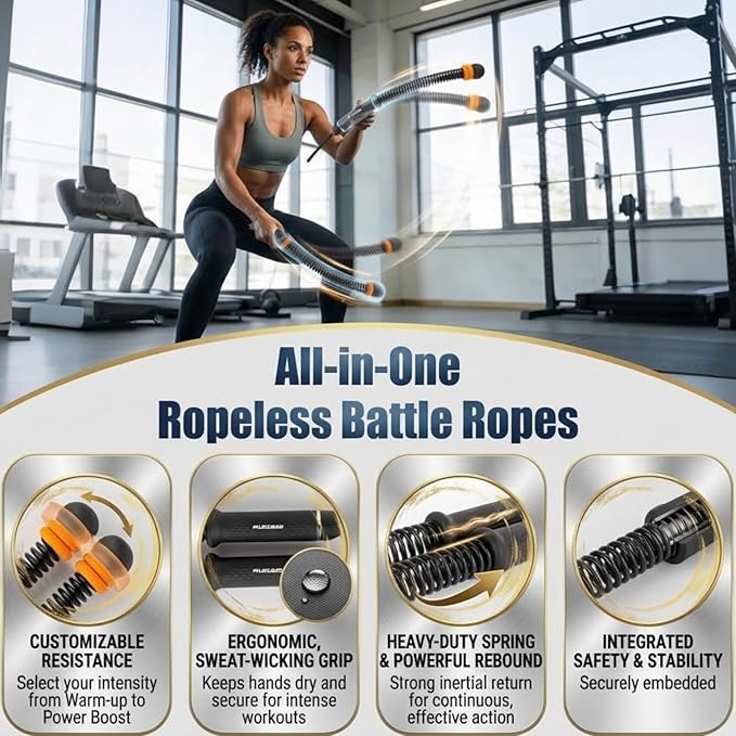 Portable Cordless Battle Ropes (Adjustable Weights) – Ropeless Weighted Exercise Equipment for Home Gym with Storage Bag | Low-Impact Workout, Strength & HIIT Training for Men & Women