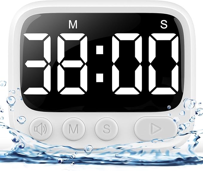 HAUKINIX Shower Timer Waterproof Bathroom Toilet Timer Digital Kitchen for Wall Mount, Study w/Foldable Stand, Countdown Stopwatch w/Suction Cup for Swim, Rechargeable, White