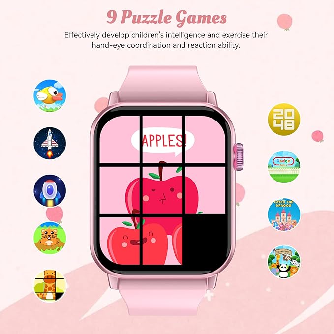 Smart Watch for Kids, 12 Puzzle Games HD Touch Screen Watches, Step Counter, Heart Rate and Sleep Monitor, Flashlight, 12/24 hr Educational Toys Birthday Gifts for Girls Ages 6-12 (Pink)