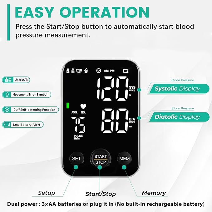 Oklar Blood Pressure Monitor Upper Arm Monitors for Home Use BP Machine Sphygmomanometer with 2x120 Reading Memory Adjustable Arm Cuff 8.7"-15.7" Large Display with LED Background Light Storage Bag