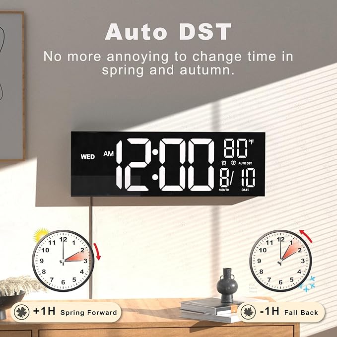 JALL 16" Large Digital Wall Mount Clock, Count Down Timer, Alarm, Big LED, DST, Temperature for Living Room Classroom Desk, Xmas, Birthday Gift for Senior Men Women Mom Dad, White
