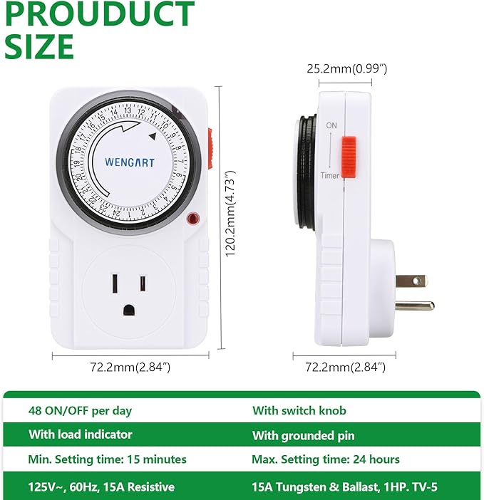 Wengart 24-Hour Mechanical Plug-in Timer, 15A 1HP Heavy Duty Indoor Outlet Timer for Lamps, Christmas Lights & Appliances, Programmable Switch with 15-Min Intervals, ETL Listed, White (1)