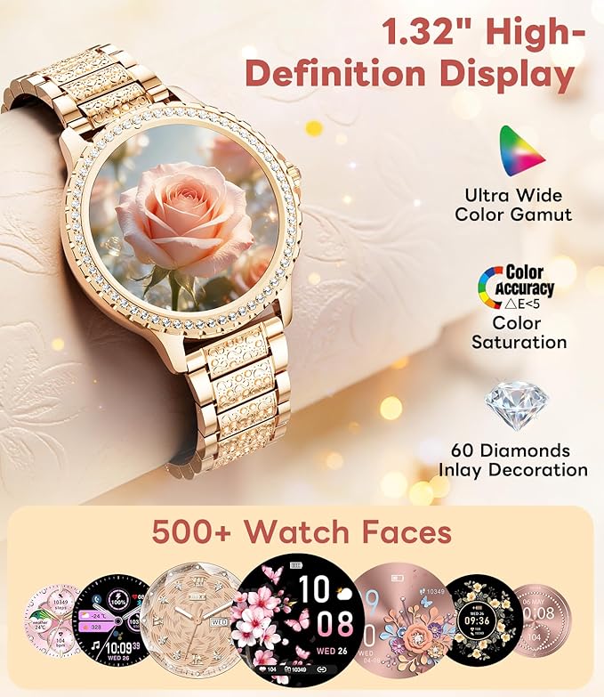 Smart Watch for Women Diamond, Bluetooth Calls, 1.32-inch HD Screen Round Fitness Tracker with Menstrual Cycle/Sleep/Heart Rate Monitor, 100+ Sports Mode, Android/iOS Phone, Rose Pink