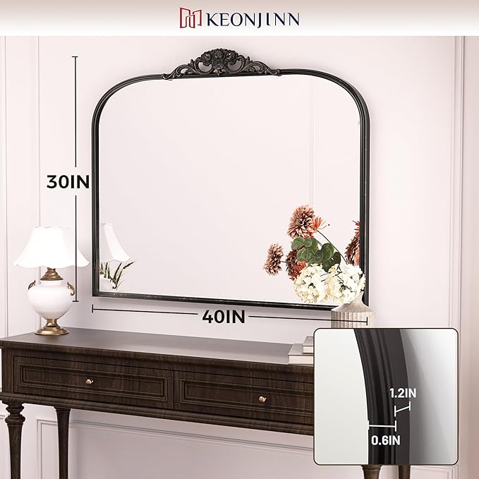 Keonjinn Vintage Mirror 40" x 30", Large Black Antique Mirror with Metal Frame, Ornate Arched Mirrors for Wall, Baroque Decoration for Mantle, Bathroom, Living Room, French Cleat Mounting