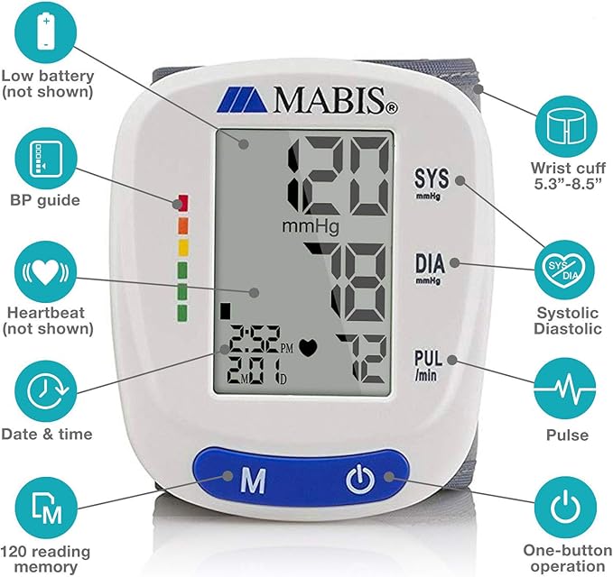 Mabis Digital Premium Wrist Blood Pressure Monitor with Automatic Wrist Cuff that Displays Blood Pressure, Pulse Rate and Irregular Heartbeat, Stores up to 120 Readings (Pack of 48)