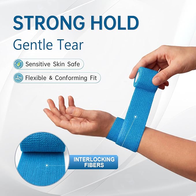 18 Pack Self Stick Bandage Wrap, Long Lasting Blue Adhesive Bandages, Flexible Breathable Self Adherent Wrap, 2 Inch Cohesive Bandage Tape, Versatile Elastic Support for Sports Wound