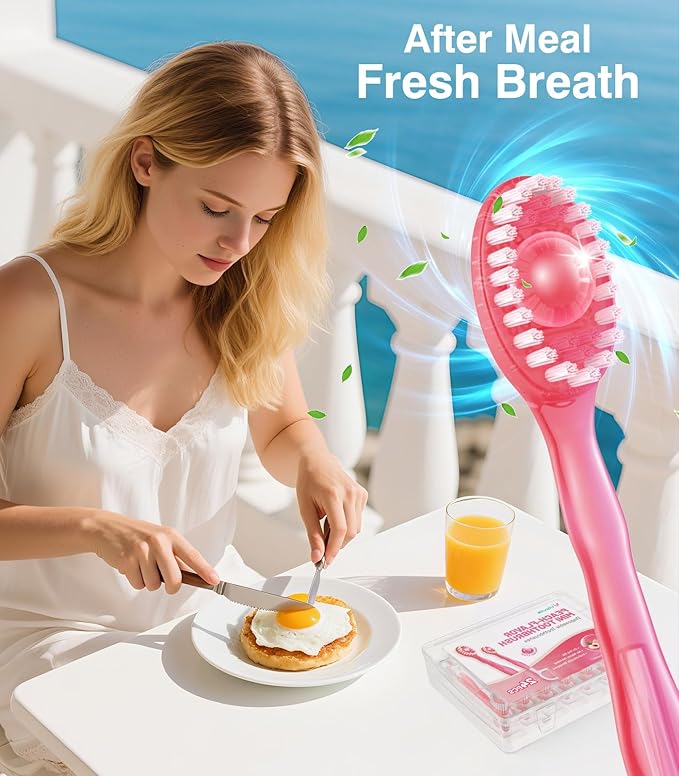 24 Pack 5-in-1 Disposable Toothbrushes with Toothpaste, Floss, Pick & Tongue Scraper, Portable Mini Toothbrush Travel Set for Kids Adults, Individually Wrapped, Work Camping, Peach Flavor