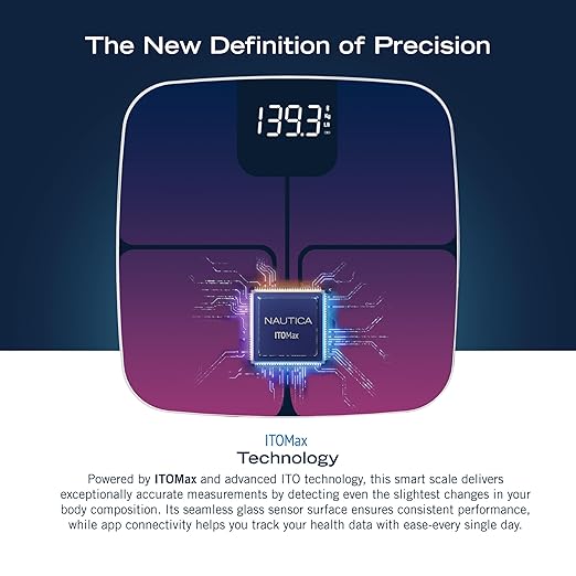 Nautica Body Tracker Digital Bathroom Scale, Bluetooth-Enabled Smart Scale with BMI, Body Fat, Muscle Mass Tracking & More, Syncs with Smartphone App for Body Composition Tracking, 440 Lbs.