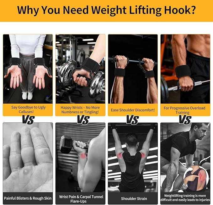 GPANDAG [Upgraded Wider] Weight Lifting Hooks and Lifting Grips for Men and Women(2 Pair), Lifting Straps Gym Grip for Weightlifting, Deadlifts, Pull-Ups, Strength Training, Wrist Wraps Hooks for Seniors