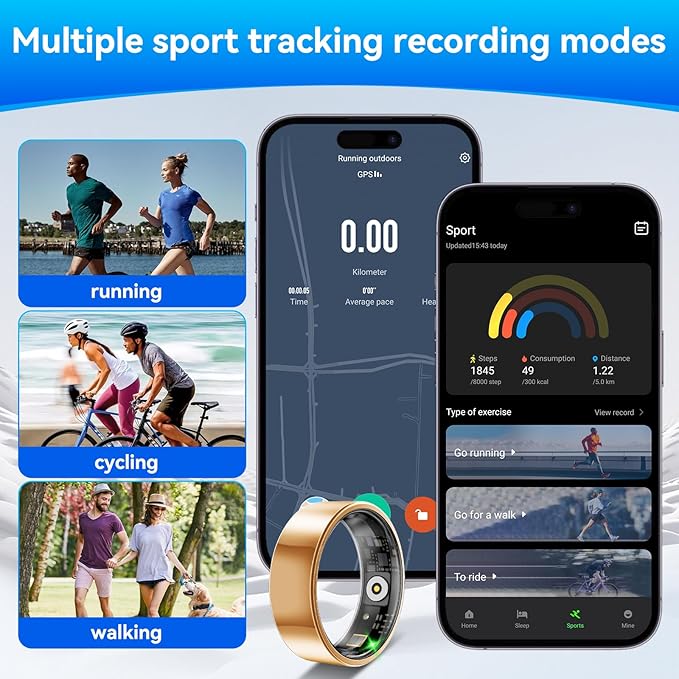 Smart Fitness and Activity Ring for Men and Women - Track Heart Rate Stress Sleep Steps and Blood Oxygen, 10ATM Waterproof Fitness Tracker for iPhone and Android, No Subscription Fee, Size 9
