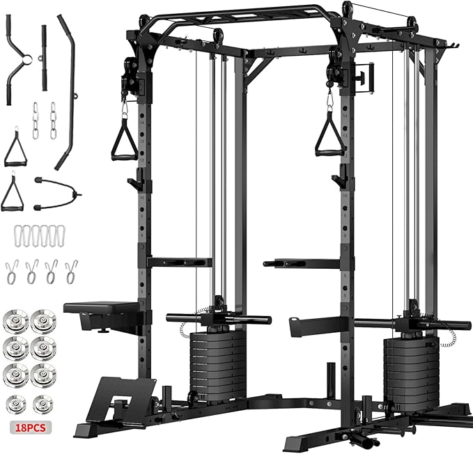 JEEKEE Power Cage with Cable Crossover System, 2200LB Heavy Duty Power Rack with Dual Pulley, 180LB Weight Stack, LAT Pulldown, 20+ Attachments for Home Gym,Black