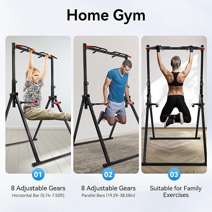 Foldable Pull Up Bar Stand, 440LBS Capacity Adjustable Height Dip Station for Home Gym, Strength Training Equipment for Calisthenics, Pullups, and Dips