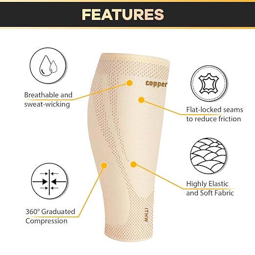 Copper Calf Compression Sleeves for Men & Women - High Stretch Graduated Compression with Anti-Slip Grip | Breathable & Smooth Lining Footless Design for Runners, Shin Splints, Leg Fatigue & Travel (Nude, Large)