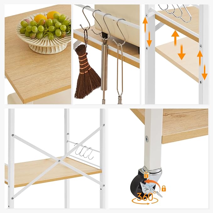 IBUYKE Kitchen Shelf Cart, 3-Tier Microwave Oven Stand, Baker’s Rack with Metal Frame and 8 Hooks, Industrial Printer Stand, Utility Standing Storage Shelf for Coffee Bar, Simple Assembly, TMJ023R