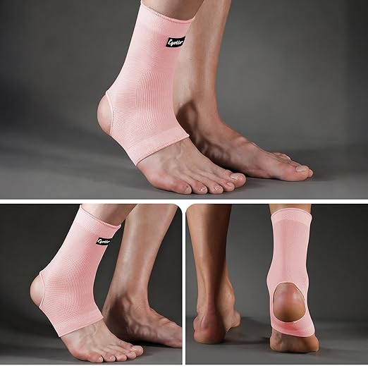 eYotto Open-Heel Ankle Sleeves (4 Pair), Breathable Foot & Ankle Compression Support for Swelling, Plantar Fasciitis & Sprain Relief for Men & Women(Pink)