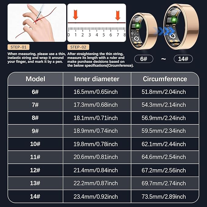 Smart Ring for Women Men, Fit Ring with Heart Rate, Blood Oxygen, HRV, Sleep Monitor, Stress, Step Counter, IP68 Waterproof Fitness Rings for iPhone & Android, No Subscription Fee (Rose Gold, 6#)