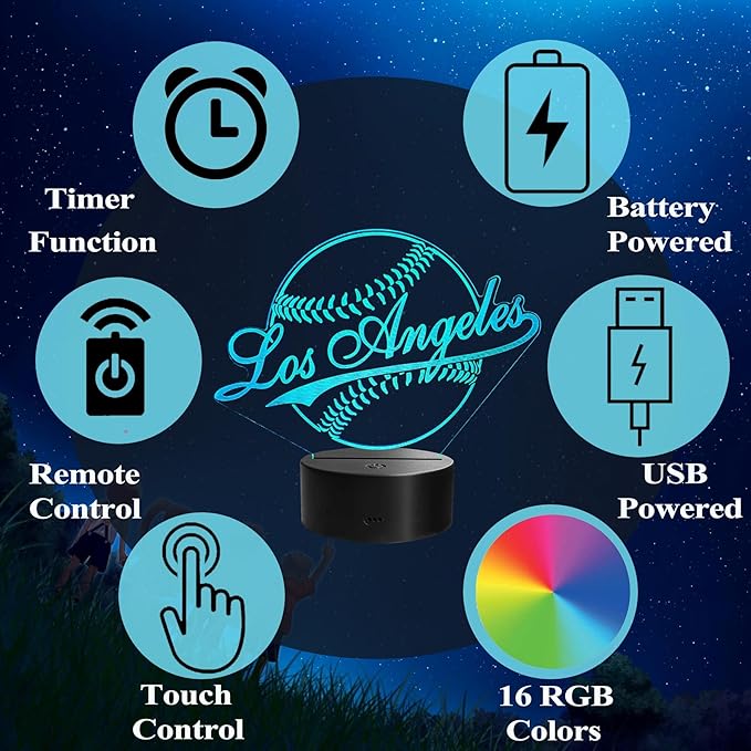 Baseball Los Angeles Night Light, LA Baseball Sport Gifts for Boy, 3D Illusion Lamp with Remote Control, 16 Colors Changing, RGB Flashing Mode and Dimmable, Gifts for Boys Christmas Decor