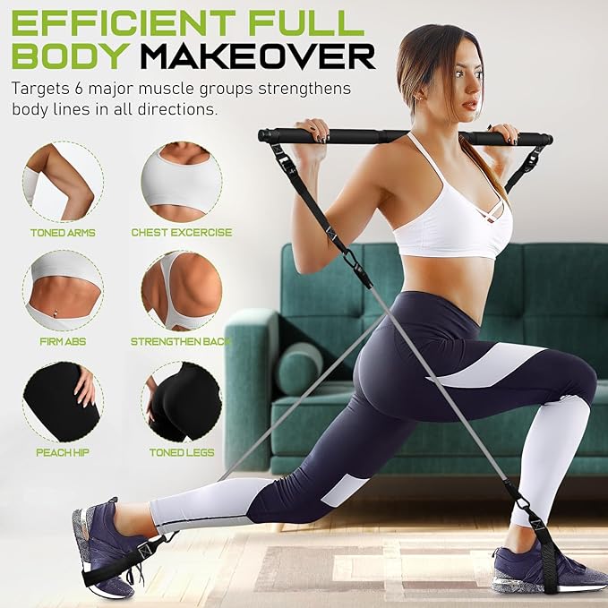 Pilates Bar Kit with Resistance Bands, Multifunctional Pilates Bar for Women & Men with Heavy-Duty Metal Adjustment Buckle, Pilates Home Equipment for Full BodyWorkouts