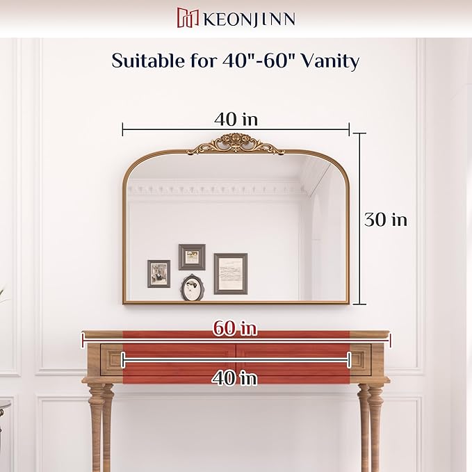 Keonjinn Vintage Mirror for Wall, 40" x 30" Silver Mirror with Metal Frame, Ornate Arched Decoration, Brass Mirror for Mantle, Living Room, French Cleat Mounting