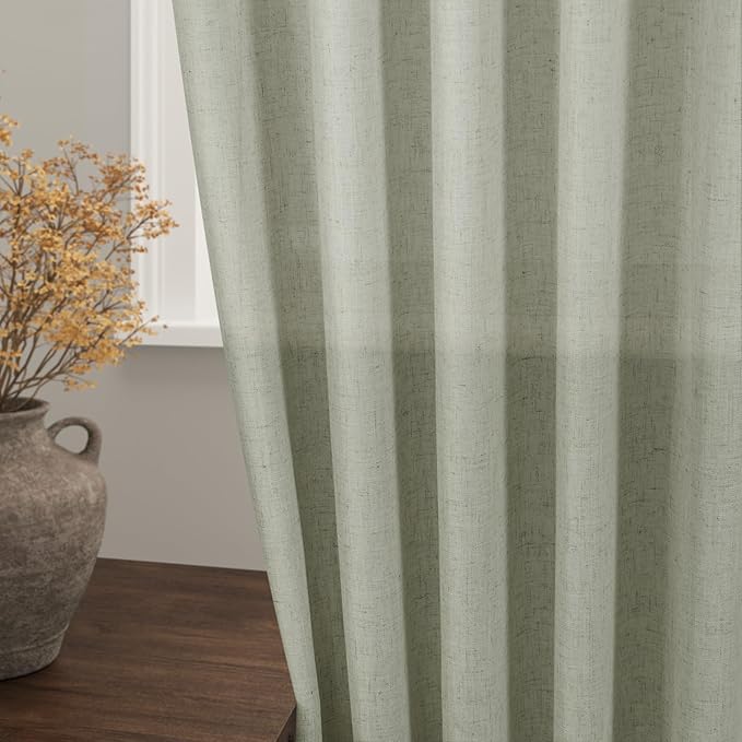 Extra Wide 100x96 Inch Linen Curtains for Living Room Divider Light Filtering Semi Sheer Patio Curtains for Sliding Door Sage Green Coastal Decor Sunroom Floor to Ceiling Window Curtain Panel