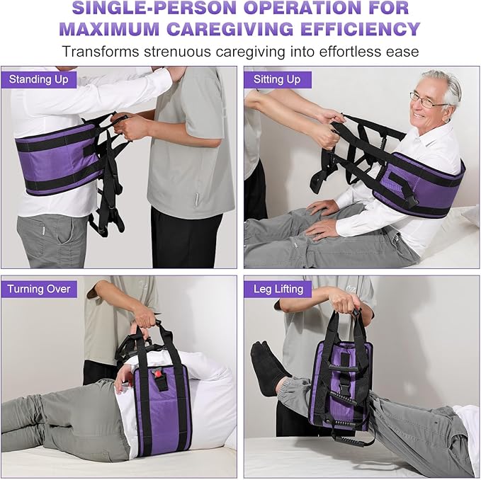 Rhino Valley Transfer Sling, Gait Belt with 10 Padded Handles, Non-Slip Nursing Transfer Belt, Safety Standing and Lifting Aid for Disabled, Elderly, Seniors, Injured, Purple+Black