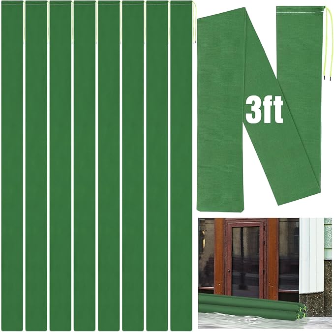 Threan 8 Pcs Long Canvas Sandbags for Flooding Sand Tube Bags Flood Protection Thickened Reusable Rain Wind Flood Barrier with Elastic Band Water Barrier Tube for Door Rain Control, Green (3ft)