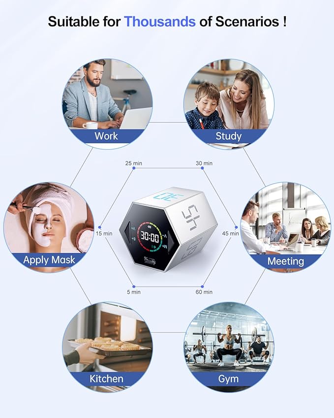 Ticktime Pomodoro Timer, Productivity Timer Cube, 5/15/25/30/45/60 Min Presets, Custom Countdown & Stopwatch 1s–99m59s, Sound/Vibration/Silent, Magnetic, Rechargeable, for ADHD Study Work, Silver