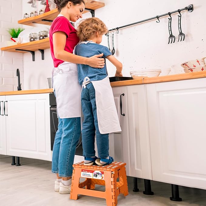 ACSTEP 9 Inch Folding Step Stool 300 LB Capacity Plastic Foldable Step Stools for Kids and Adults, Folding Stool Suitable for Kitchen, Stepping Stool with Handle Orange Small Step Stool 1PC