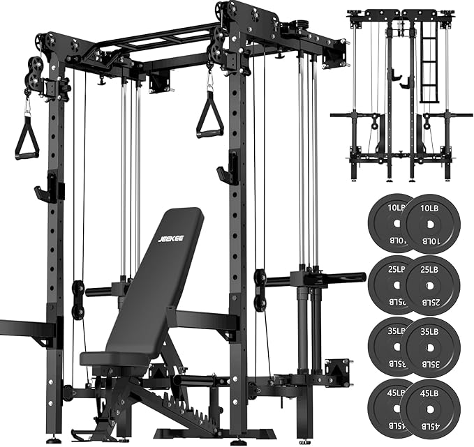 JEEKEE Folding Wall Mounted Power Rack with 180LB Weight Stack, 2400LB 2×3 Heavy Duty Squat Rack, Dual Cable Crossover System 1:1 Ratio, Functional Trainer for Home Gym Small Space,Black