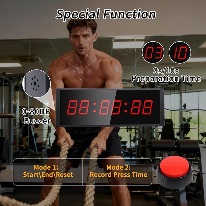 Gym Timer Clock with Start/Stop Button,12/24H Digital Wall Clock with Remote Control, Countup, Countdown, Stopwatch, Workout Timer for Home Gym Garage