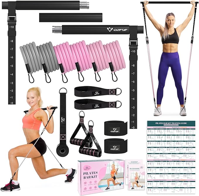 COFOF Pilates Bar Kit with Resistance Bands, Multifunctional Yoga Pilates Bar with Heavy-Duty Metal Adjustment Buckle, Portable Home Gym Pilates Resistance Bar Kit for Women Full Body Workouts