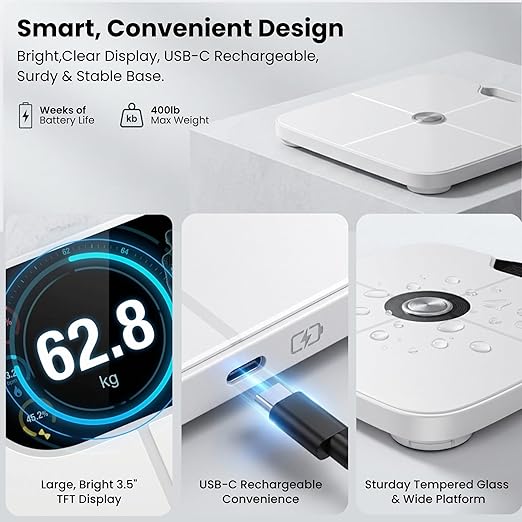 Premium Smart Digital Body Weight Scale - 8 Electrodes – 56+Metrics -Rechargeable- WiFi & Bluetooth - Full Body Analysis -Track Body Fat, Muscle Mass, Fat Percentage, Sleek Design