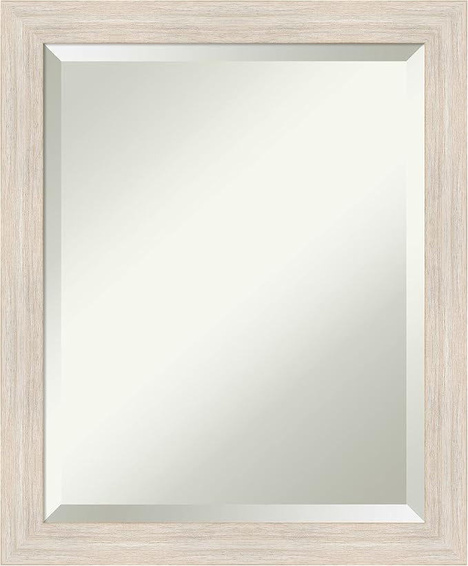 Amanti Art White Bathroom Mirror for Over Sink, 23x19 Hardwood White Wash Narrow Rectangle Vanity Mirror, Small Rustic Farmhouse Wood Frame, Hangs Horizonally and Vertically, Bathroom Wall Decor