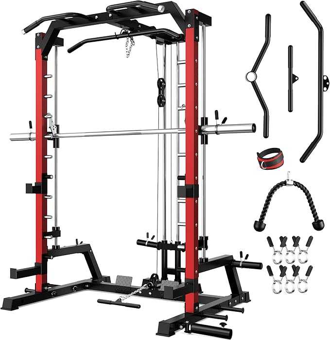 JELENS SR01 Smith Machine, 2000LBS Multi-Function Power Cage with LAT Pulldown System, All-in-One Home Gym Squat Rack with Smith Bar and Training Attachments for Full Body Workouts