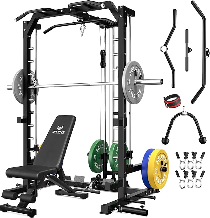 JELENS SR01 Smith Machine, 2000LBS Multi-Function Power Cage with LAT Pulldown System, All-in-One Home Gym Squat Rack with Smith Bar and Training Attachments for Full Body Workouts