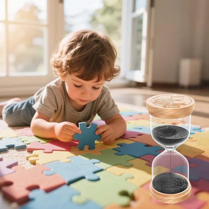 Wooden Hourglass Sand Clock, Small Wood Black 3 Min Hour Glass, Three Minutes Sandglass for Brushing Teeth, Reloj De Arena,Office Classroom, Game, Kitchen, Home