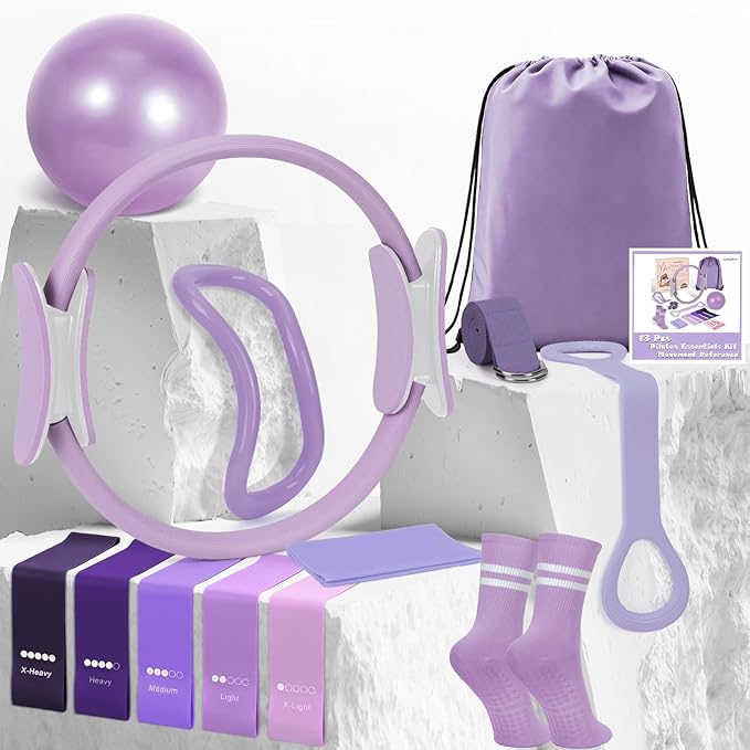 Pilates Kit for Women 13PCS, Pilates Ring and Ball Set with Magic Circle, Resistance Bands Set, Figure 8 Band, Yoga Ring & Grip Socks, Home Workout Equipment Essentials Starter Kit for Beginners